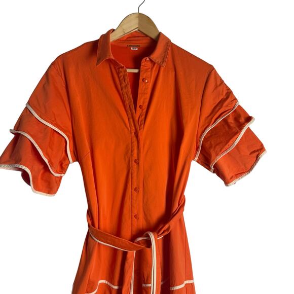 Alexis Rhodes Orange Short Sleeve Belted Tie Waist Midi Shirt Dress Size Large - Picture 7 of 16
